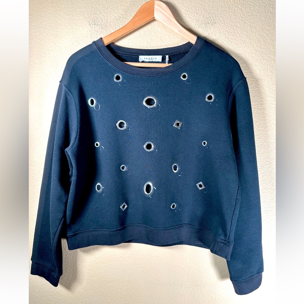 SANDRO Paris Crewneck Sweatshirt With Silver Grommet Eyelets Black